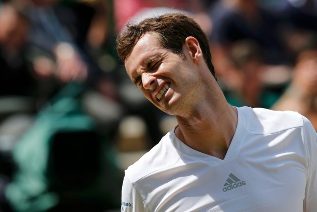 Andy Murray of Britain reacts during his men's singles quarter-final tennis match against Grigor Dimitrov of Bulgaria at the Wimbledon Tennis Championships, in London