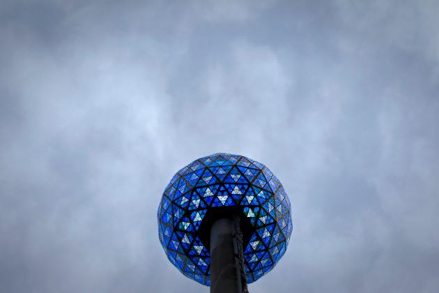 The Times Square New Year's Eve ball is pictured during a test in New York