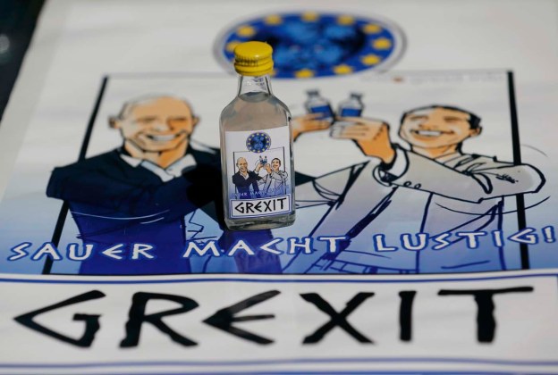 'Grexit' sour vodka schnapps are displayed at home of German entrepreneur Dahlhoff in Hamm
