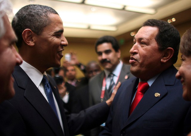 File photo of U.S. President Barack Obama greeting his Venezuelan counterpart Hugo Chavez in Port of Spain