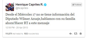 Capriles reitera denuncia sobre desaparición del diputado Wilmer Azuaje