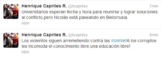 .@Hcapriles: Universitarios esperan fecha y hora para reunirse, pero Nicolás está paseando en Bielorrusia