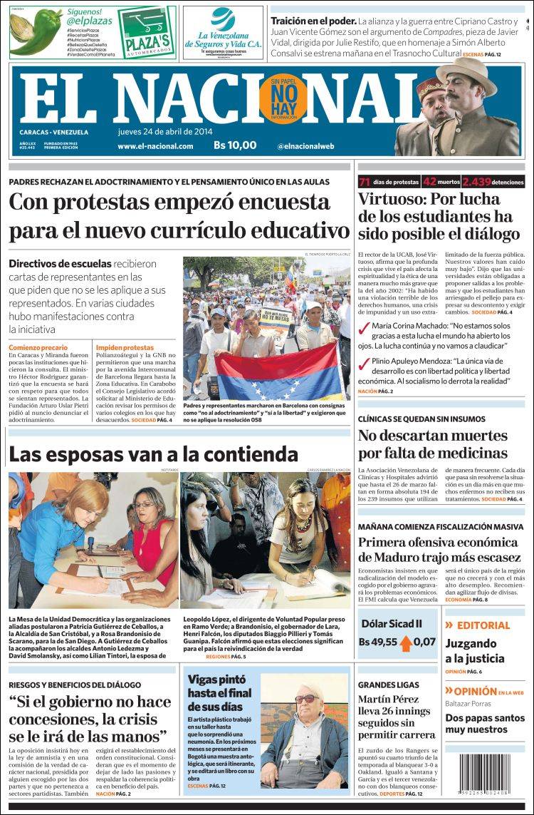 Portadas del jueves 24 de abril de 2014