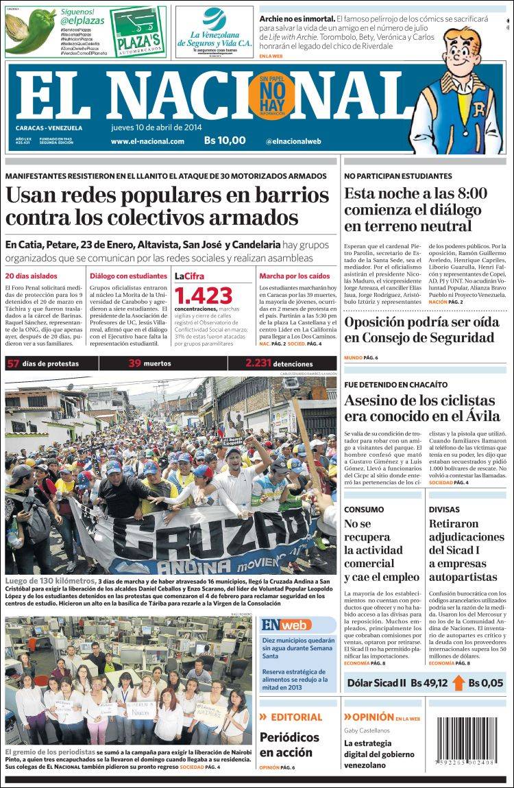 Portadas del jueves 10 de abril de 2014