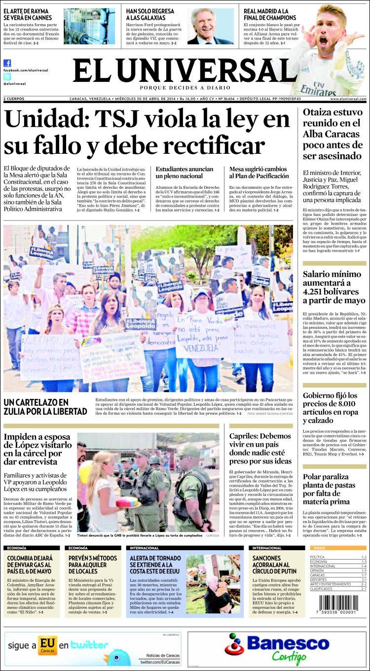 Portadas del miércoles 30 de abril de 2014