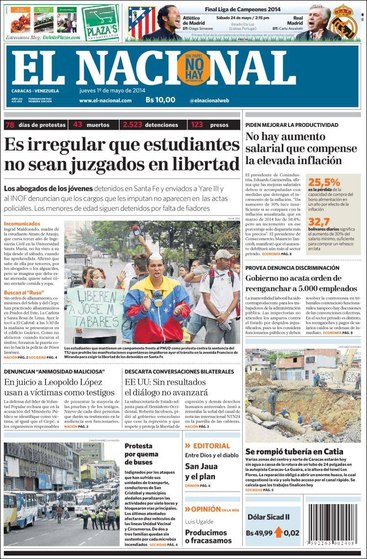 Portadas del jueves 01 de mayo de 2014