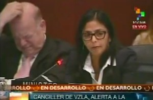 La gestualidad de Insulza mientras Delcy hablaba en la OEA (video)