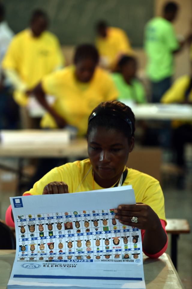 Election officials prepare the ballots for voters in Port-au-Prince, Haiti, on August 9, 2015, during the Legislatives Elections.After nearly four years of delays, Haiti staged legislative elections Sunday in a vote overshadowed by fears of violence and poor turnout. Polling stations opened at 6:00 am (1000 GMT) for the first time since President Michel Martelly came to power in May 2011. The poorest country in the Americas, Haiti suffers from a history of chronic instability and is still struggling to recover from the devastating 2010 earthquake. AFP PHOTO/HECTOR RETAMAL