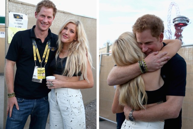 Prince Harry hugs Ellie Goulding backstage at the Invictus Games Closing Ceremony during the Invictus Games at Queen Elizabeth park on September 14, 2014 in London, England. The International sports event for 'wounded warriors', presented by Jaguar Land Rover was an idea developed by Prince Harry after he visited the Warrior Games in Colorado USA. The four day event has brought together thirteen teams from around the world to compete in nine events such as wheelchair basketball and sitting volleyball. composite