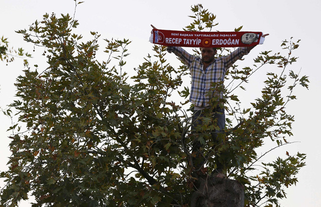 A man stands on a tree as he waits for Turkish President Tayyip Erdogan to appear for a speech outside his residence in Istanbul, Turkey, July 16, 2016. REUTERS/Murad Sezer