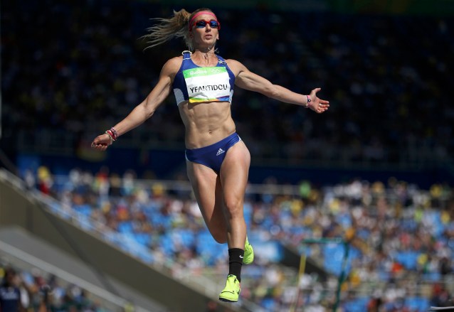 2016 Rio Olympics - Athletics - Women's Heptathlon Long Jump - Groups - Olympic Stadium - Rio de Janeiro, Brazil - 13/08/2016. Sofia Yfantidou (GRE) of Greece competes. REUTERS/Phil Noble TPX IMAGES OF THE DAY FOR EDITORIAL USE ONLY. NOT FOR SALE FOR MARKETING OR ADVERTISING CAMPAIGNS.