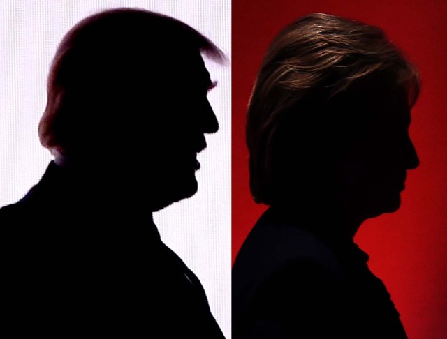 This combination of file photos shows the silhouettes of Republican presidential nominee Donald Trump(R)July 18, 2016 and Democratic presidential nominee Hillary Clinton on February 4, 2016. Hillary Clinton and Donald Trump prepared to square off September 26, 2016 in their first presidential debate -- a keenly awaited clash that comes as they sit nearly neck and neck in the polls. The debate, which is expected to be watched by tens of millions of Americans, could draw a record number of viewers when it kicks off at 9:00 pm EST (0100 GMT Tuesday).  / AFP PHOTO / DESK