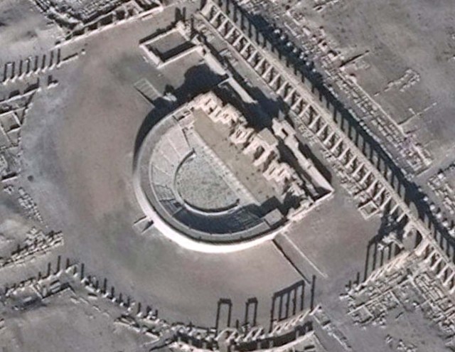 A satellite image shows the Roman Amphitheater in the historical city of Palmyra, in Homs Governorate, Syria in this handout picture said to be acquired on December 26, 2016. Satellite Imagery Analysis by UNITAR-UNOSAT/DigitalGlobe/ Handout via Reuters ATTENTION EDITORS - THIS IMAGE WAS PROVIDED BY A THIRD PARTY. EDITORIAL USE ONLY. NO RESALES. NO ARCHIVE.