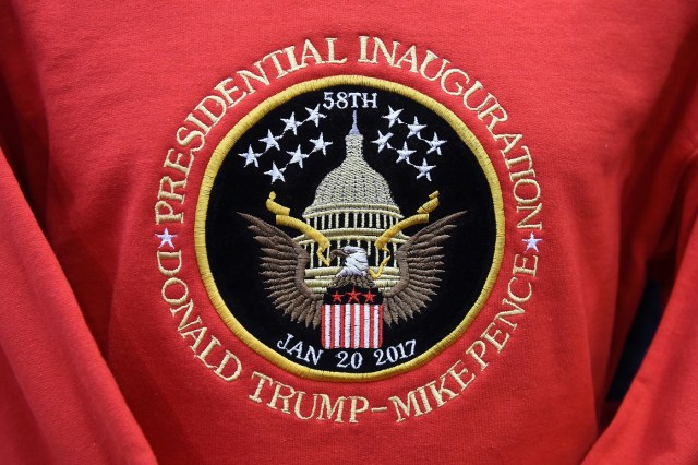 A sweatshirt commemoration the inauguration of US President-elect Donald Trump is for sale in a gift shop, in Washington, DC on January 19, 2017. / AFP PHOTO / Robyn BECK