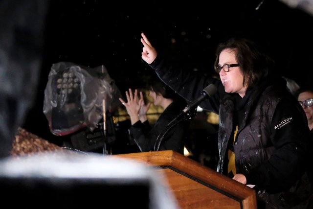 Rosie O'Donnell speaks at a protest rally organized by activists against U.S. President Donald Trump outside the White House in Washington