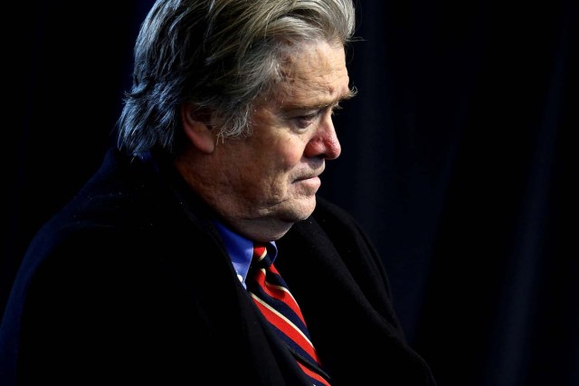 FILE PHOTO: White House Senior Advisor Steve Bannon attends a roundtable discussion held by U.S. President Donald Trump with auto industry leaders at the American Center for Mobility in Ypsilanti Township, Michigan, U.S., March 15, 2017. REUTERS/Jonathan Ernst/File Photo