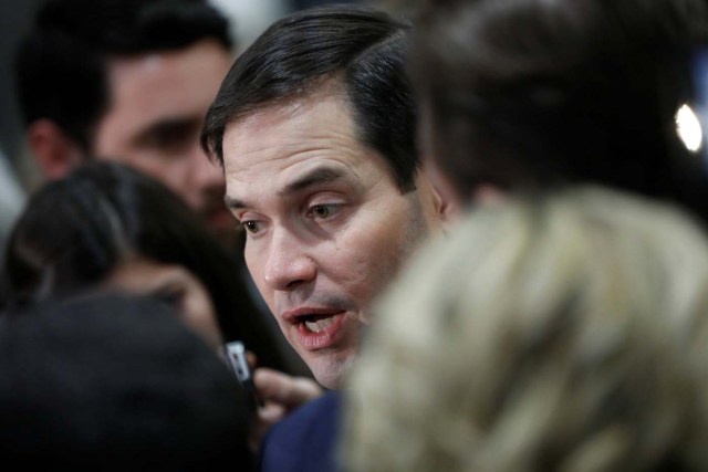 Senator Marco Rubio (R-FL) speaks with reporters after a classified briefing on the airstrikes launched against the Syrian military, at the U.S. Capitol in Washington, U.S., April 7, 2017. REUTERS/Aaron P. Bernstein