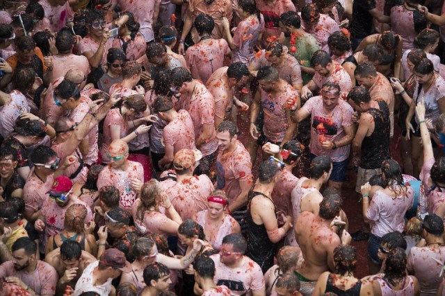 Revellers covered in tomato pulp take part in the annual "Tomatina" festival in the eastern town of Bunol, on August 30, 2017. The iconic fiesta -- which celebrates its 72nd anniversary and is billed at "the world's biggest food fight" -- has become a major draw for foreigners, in particular from Britain, Japan and the United States. / AFP PHOTO / JAIME REINA