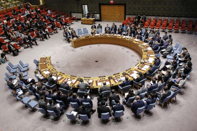 The UN Security Council during an emergency meeting over North Korea's latest nuclear test, on September 4, 2017, at UN Headquarters in New York. The UN Security Council on Monday opened an emergency meeting to agree to a response to North Korea's sixth and most powerful nuclear test, as calls mounted for a new raft of tough sanctions to be imposed on Pyongyang. / AFP PHOTO / KENA BETANCUR