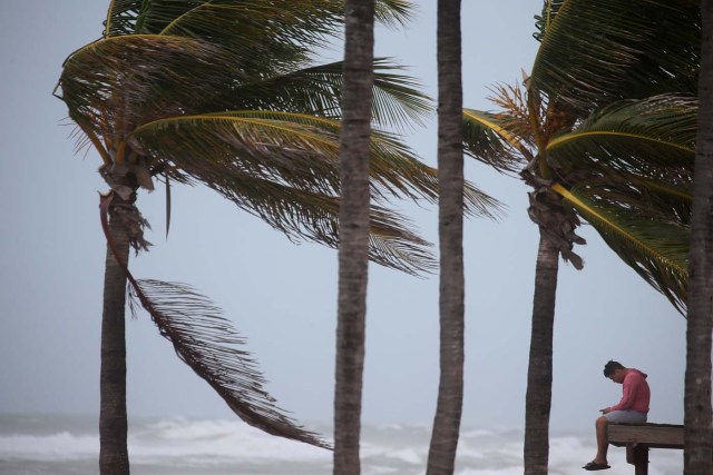 A man sits on a life guard tower as the wind blows at the beach in advance of Hurricane Irma's expected arrival in Hollywood, Florida, U.S., September 9, 2017. REUTERS/Carlo Allegri TPX IMAGES OF THE DAY