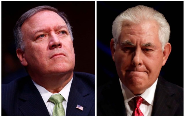 A combination photo of Central Intelligence Agency Director Mike Pompeo (L) on May 11, 2017 and U.S. Secretary of State Rex Tillerson in Washington, U.S., November 28, 2017. REUTERS/Eric Thayer/Yuri Gripas/File Photos