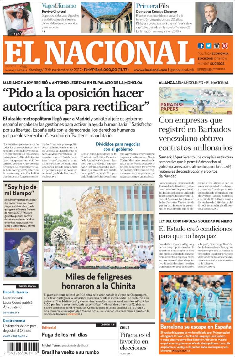 Portadas de este domingo 19 de noviembre de 2017