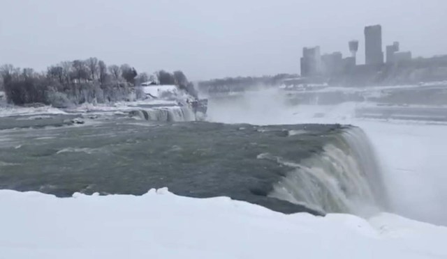 Water flows over the Niagara Falls, New York, U.S., in this still image taken from a video from January 3, 2018. COURTESY of NISAT SHIMA /via REUTERS THIS IMAGE HAS BEEN SUPPLIED BY A THIRD PARTY. MANDATORY CREDIT. NO RESALES. NO ARCHIVES