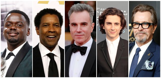 FILE PHOTO: Nominees for the 90th Oscars, Leading Actor Awards (L-R) Daniel Kaluuya, Denzel Washington, Daniel Day-Lewis, Timothee Chalamet and Gary Oldman.  REUTERS/Staff/File Photos