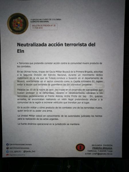 Ejército frustró atentado y neutralizó un guerrillero del ELN en Boyacá