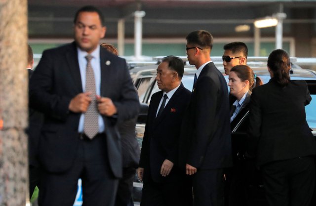 North Korean envoy Kim Yong Choi (C), arrives for a meeting with U.S. Secretary of State Mike Pompeo in New York, U.S., May 30, 2018.  REUTERS/Lucas Jackson