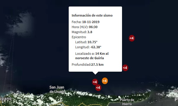 Sismo de magnitud 3.8 al noreste Güiria