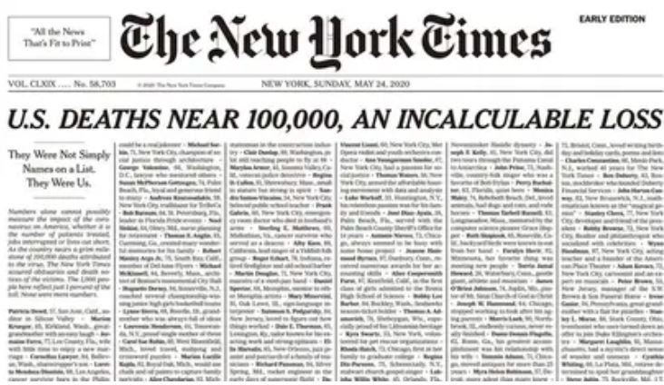 La estremecedora portada del The New York Times sobre el coronavirus