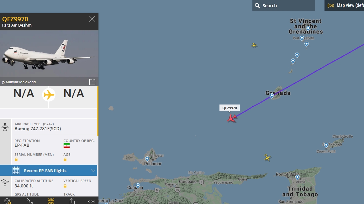 Avión iraní sancionado por EEUU entrando a espacio aéreo venezolano luego de escala en Cabo Verde