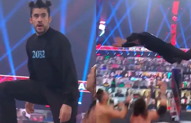 ¡Se volvió loco! Bad Bunny hizo su estreno en la lucha libre americana y saltó desde las cuerdas del ring (Video)