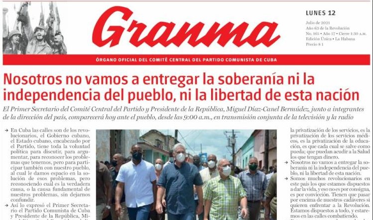 Portada del periódico cubano Gramma tras un domingo de protestas